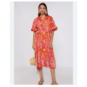 Vilagallo Claudette Blosom Dress Vibrant Pink and Orange Midi Dress